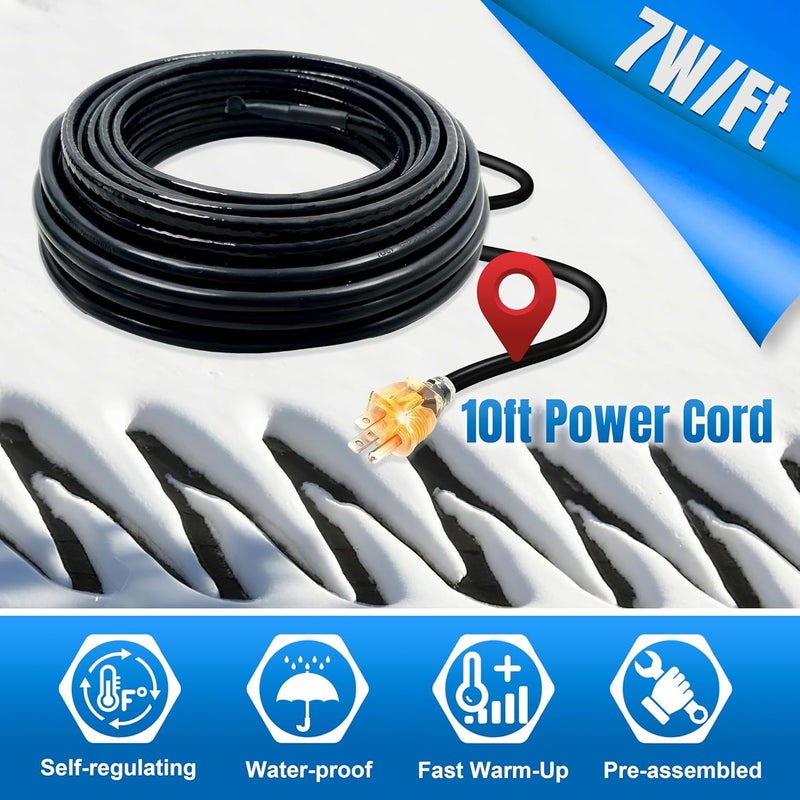 MAXKOSKO Store 60 FT Roof Heat Cable (10FT Cord), Self-Regulating Snow Melt Cable, 7W/Ft 120V Heat Tape for Roof & Gutters, Industrial Grade Gutter Heater Cable with Fluoropolymer Jacket - Image 4